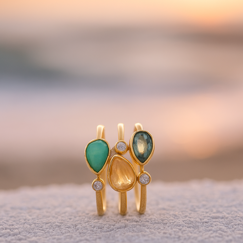 Set of Three Waves β Gold-plated Brass Ring with Colorful Zirconia