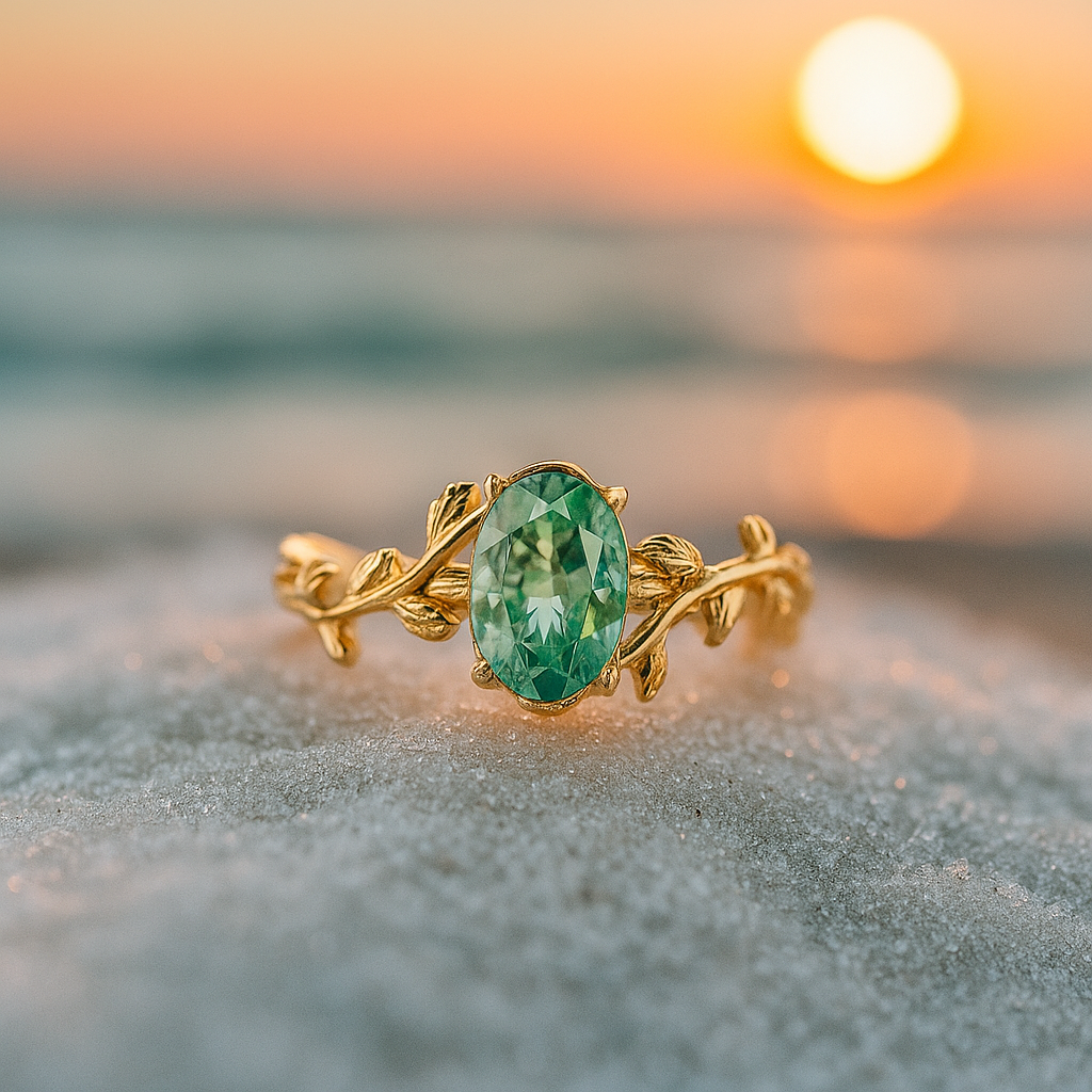 Smaragdwind β Gold Ring with Green Agate and Leaf Design