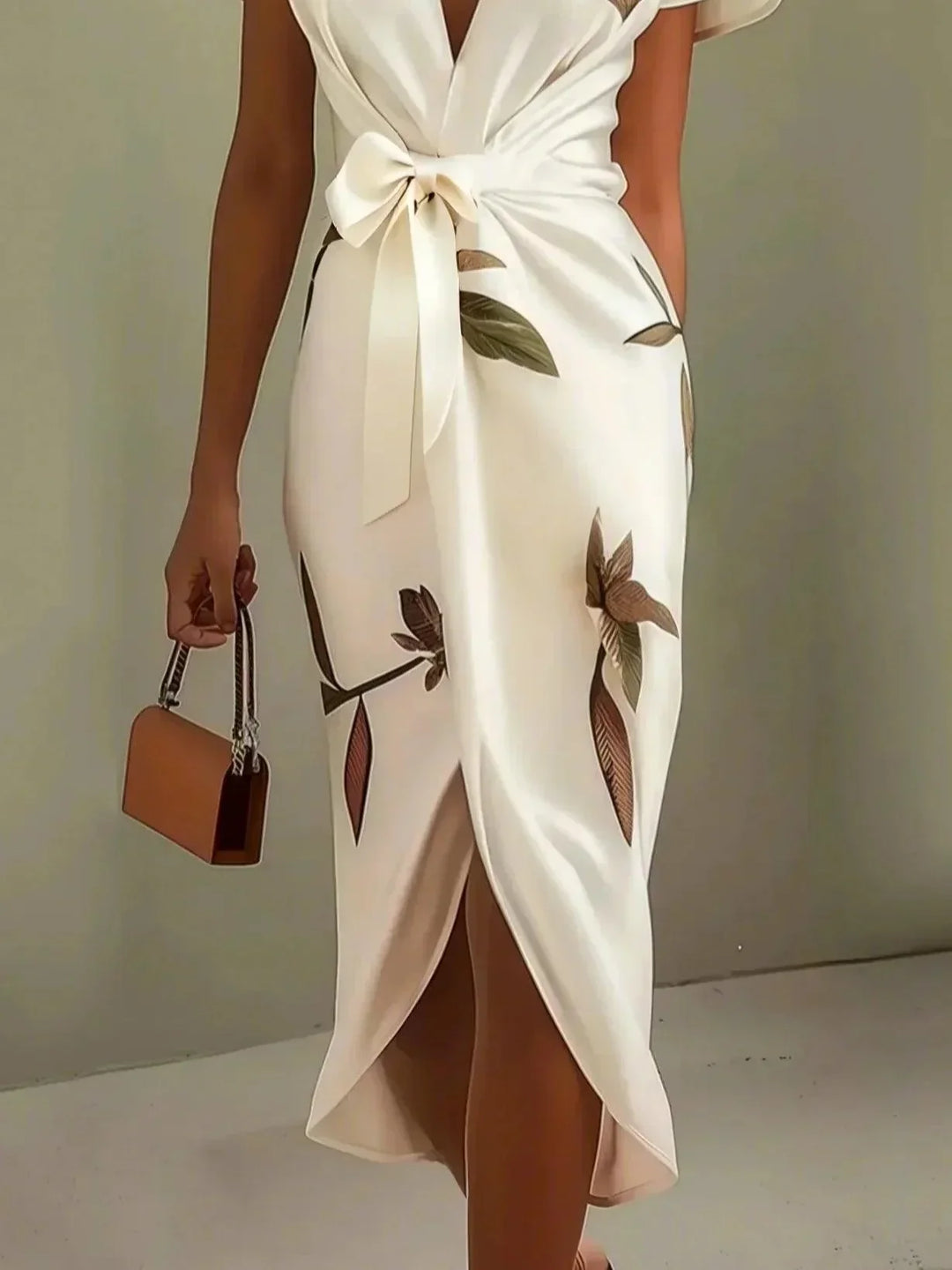 Shine - White Leaf-Patterned Midi Dress