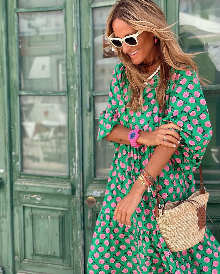 Sharon - Floating Dress with Rose Pattern