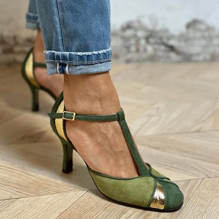 Taviana | Patchwork high heels with T-strap ankle strap and closed toe