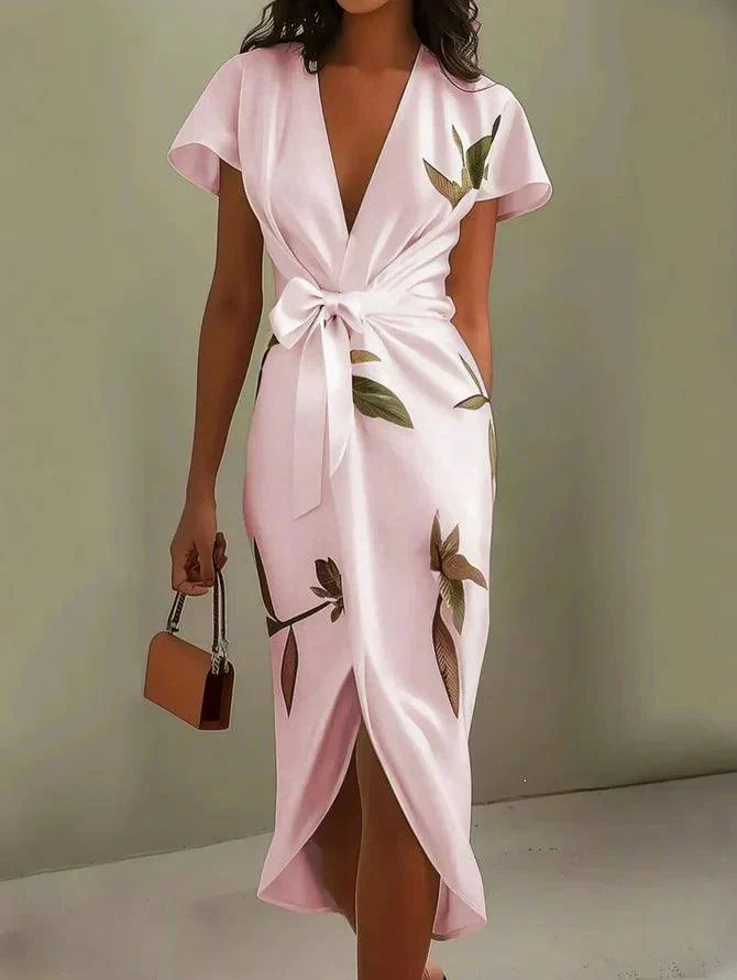 Shine - White Leaf-Patterned Midi Dress