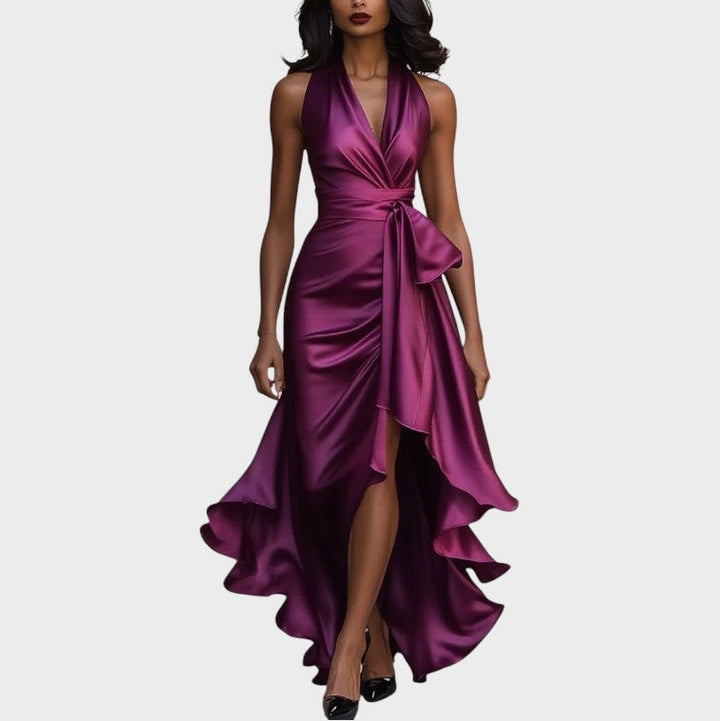 Lina - Elegant Midnight Satin Gown with Ankle-Length Collar and Ruffle