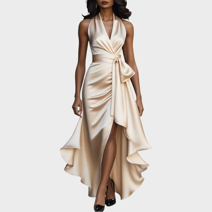 Lina - Elegant Midnight Satin Gown with Ankle-Length Collar and Ruffle