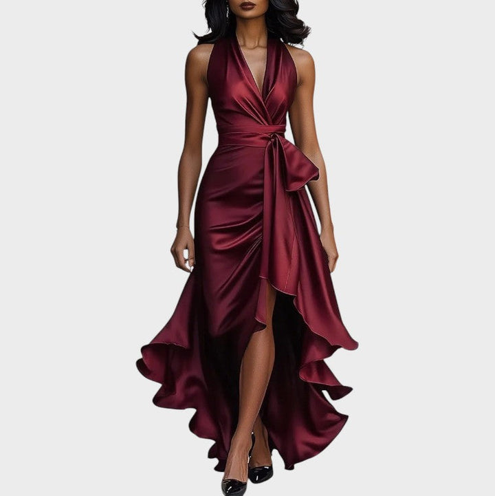 Lina - Elegant Midnight Satin Gown with Ankle-Length Collar and Ruffle
