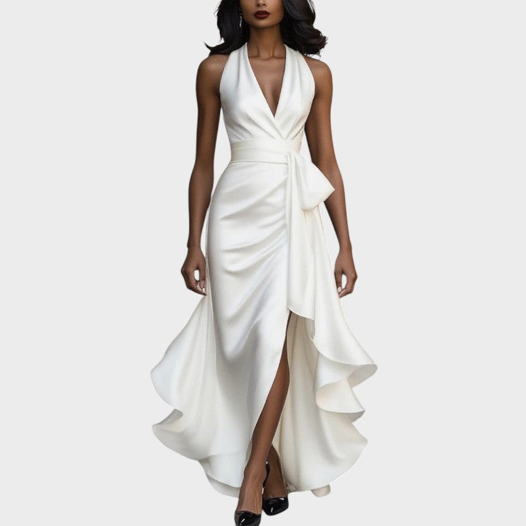 Lina - Elegant Midnight Satin Gown with Ankle-Length Collar and Ruffle
