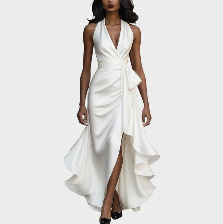 Lina - Elegant Midnight Satin Gown with Ankle-Length Collar and Ruffle