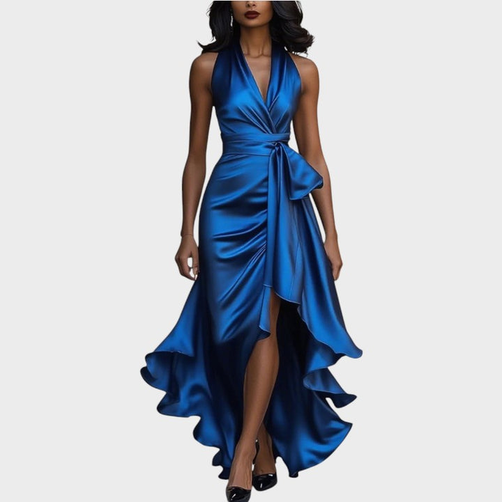 Lina - Elegant Midnight Satin Gown with Ankle-Length Collar and Ruffle