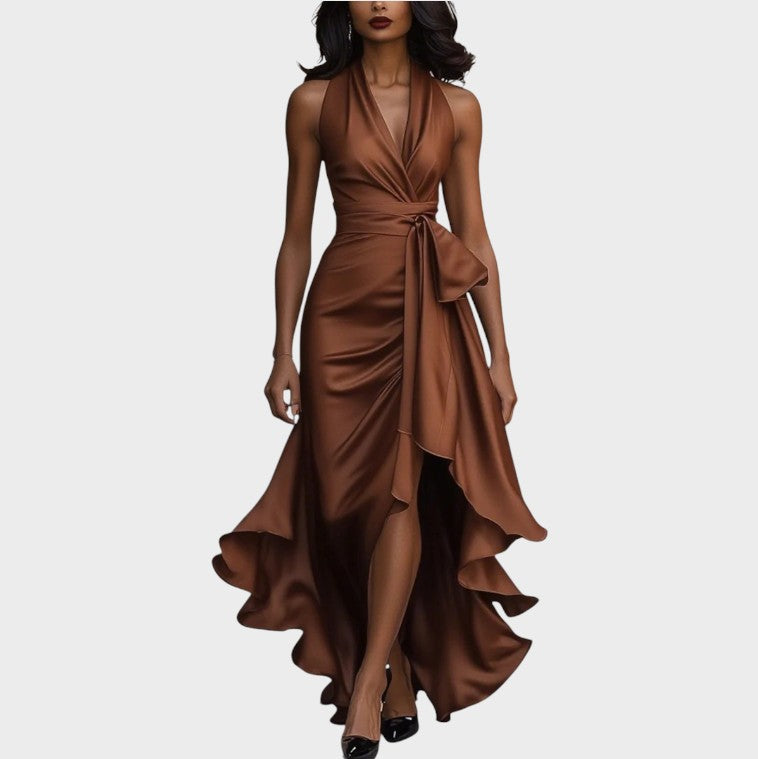 Lina - Elegant Midnight Satin Gown with Ankle-Length Collar and Ruffle